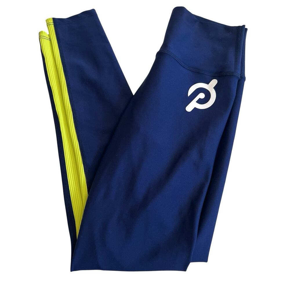 Peloton Athletic Leggings Women’s Medium Navy Blue Neon Yellow Ribbed USA Made